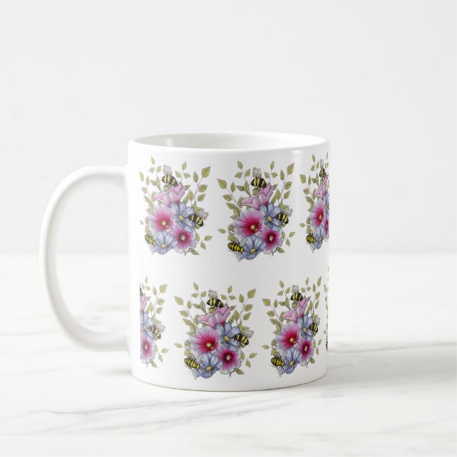 Caneca De Café FLOR & ABELHAS Desenho Digital, Malvas Rosa (Esquerda)