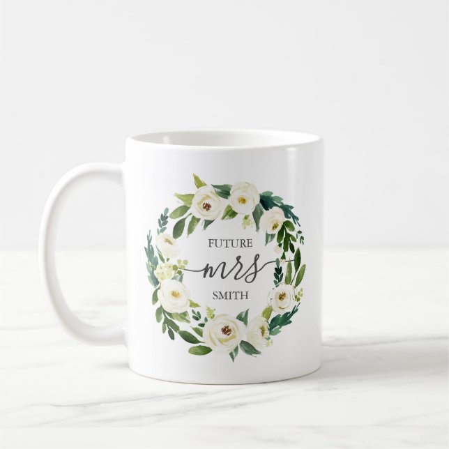 Caneca De Café Flor branca e Festa de casamento verde - Sra. (Esquerda)