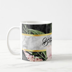Caneca De Café Flor Cor-de-rosa preto Elegante com nome