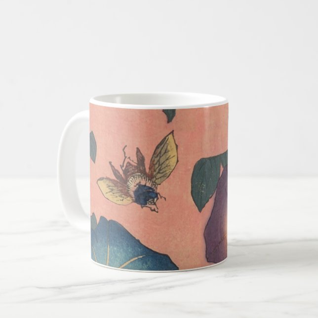 Caneca De Café Flor de Abelha Rosa Arte Clássica Hokusai (Frente Esquerda)