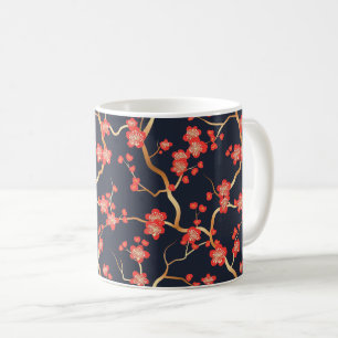 Caneca De Café Flor de Ameixa Carmesim Dourado Bronze Naval Flora