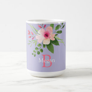 Caneca De Café Flor de Aquarela, Nome e Monograma em Lavanda