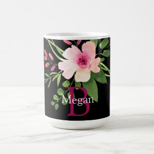 Caneca De Café Flor de Aquarela, Nome e Monograma em Preto