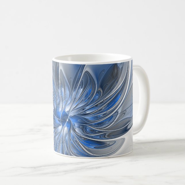 Caneca De Café Flor de Arte Fracionada com Cinza Azul abstrato (Frente Esquerda)