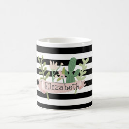 Caneca De Café Flor de Cacto Listras Pretas e Brancas