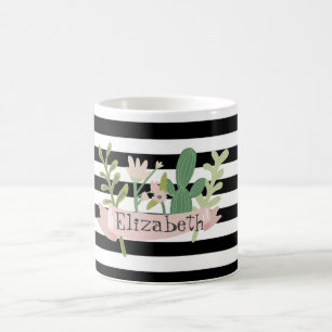 Caneca De Café Flor de Cacto Listras Pretas e Brancas