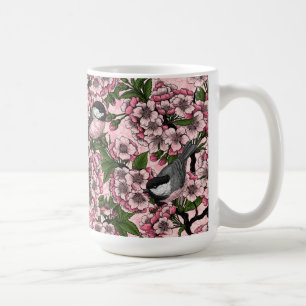 Caneca De Café Flor de cerejeira e chapins em rosa