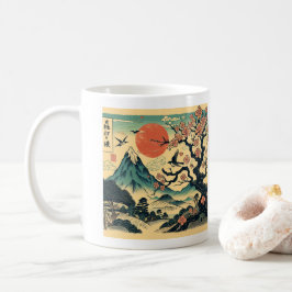Caneca De Café Flor de Cerejeira em Xilogravura Japonesa Sol Verm