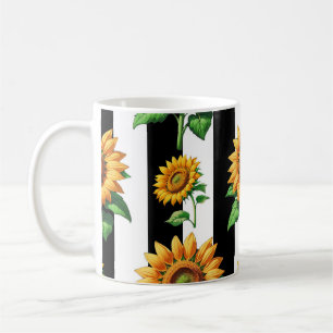 Caneca De Café Flor de girassol Black Stripes brancas