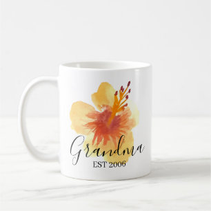 Caneca De Café Flor de Hibisco à Mão em Aquarela Mamãe Avó