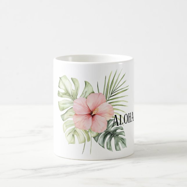 Caneca De Café Flor de Hibisco Rosa Tropical Folhas Aloha (Centro)