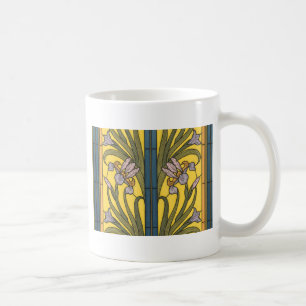 Caneca De Café Flor de Íris Art Nouveau Vitral Azul Dourado