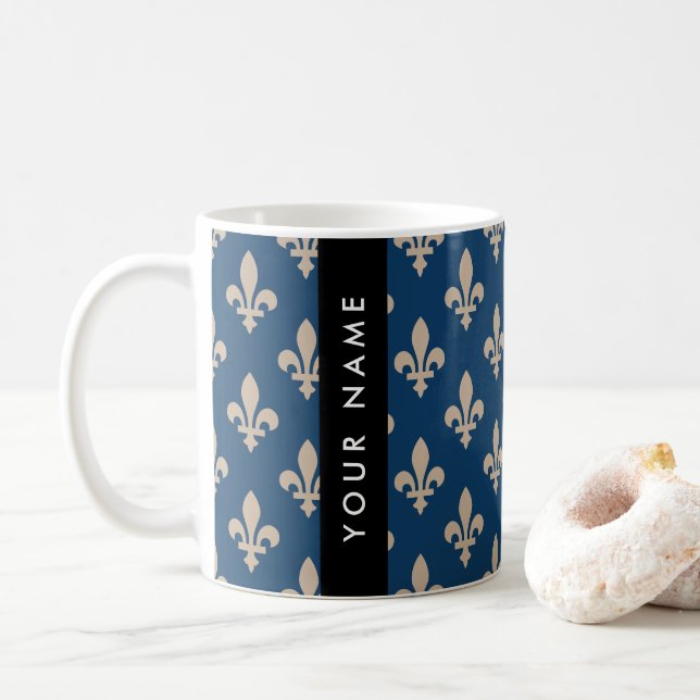 Caneca De Café Flor de Lis, Bege sobre Azul Marinho, Real, Seu No (Com Donut)