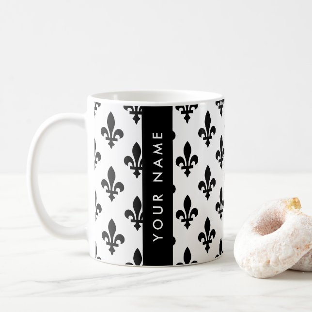 Caneca De Café Flor de Lis, Preto sobre Branco, Preto, Seu Nome (Com Donut)