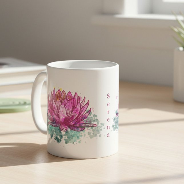 Caneca De Café Flor de Lotus com Aquarela Rosa com Nome (Criador carregado)