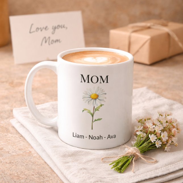 Caneca De Café Flor de Nascimento da Mãe Abril com Nomes das Cria (Criador carregado)