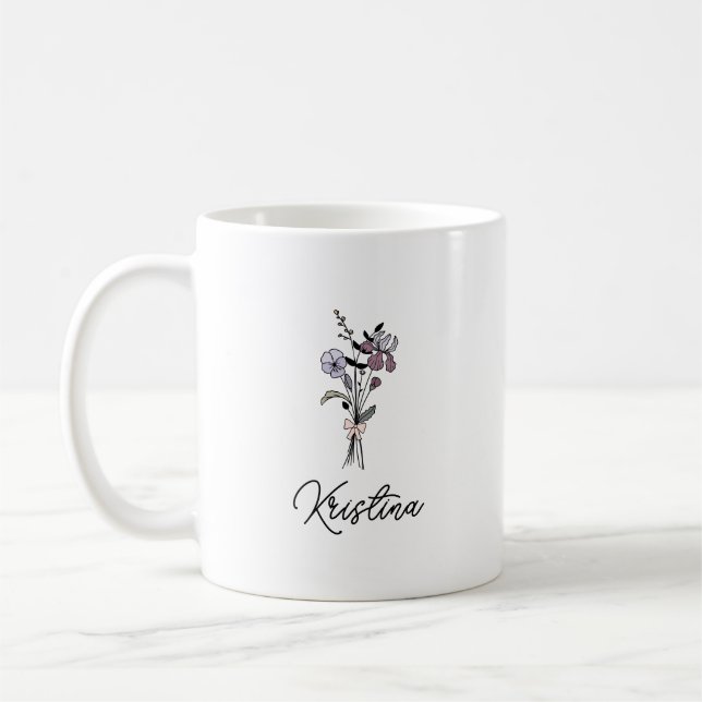 Caneca De Café Flor de Nascimento de Fevereiro & Nome com Letra E (Esquerda)