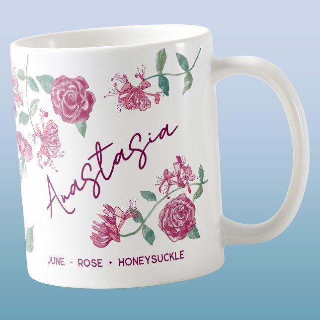 Caneca De Café Flor de Nascimento de Junho Nome Personalizado Ros (June birth month flower personalized custom name rose honeysuckle watercolor art coffee mug gift)
