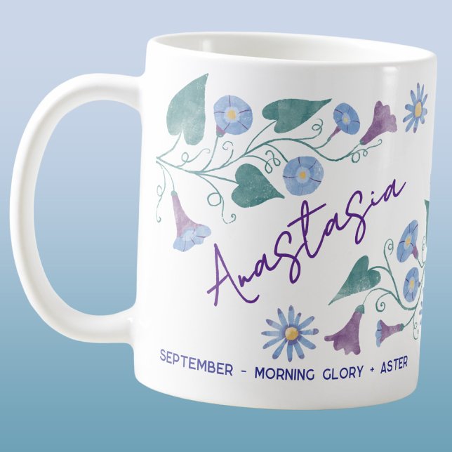 Caneca De Café Flor de Nascimento de Setembro Nome Personalizado  (September birth month flower personalized custom name morning glory aster coffee mug gift)