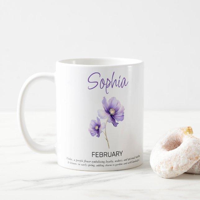 Caneca De Café Flor de Nascimento Personalizada de Fevereiro  (Com Donut)