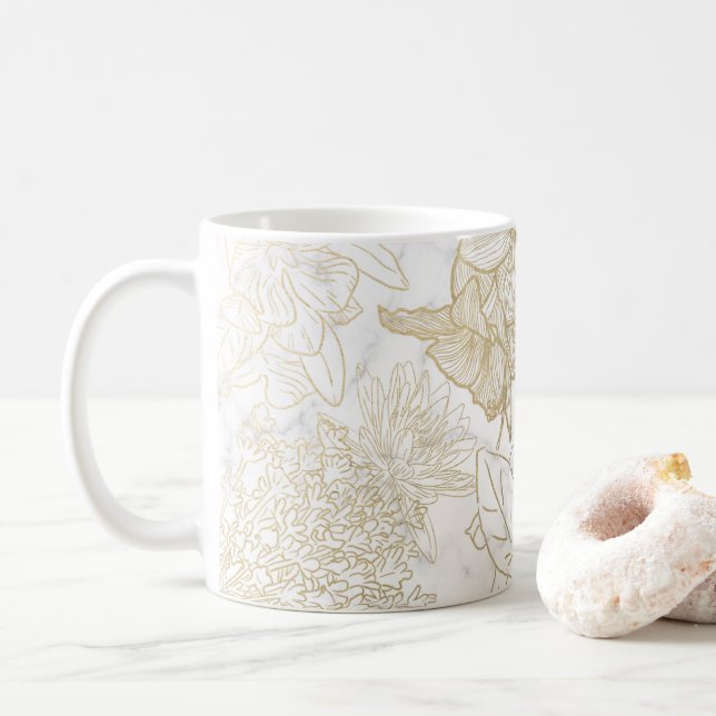Caneca De Café Flor de ouro de cinza branca e elegante (Com Donut)