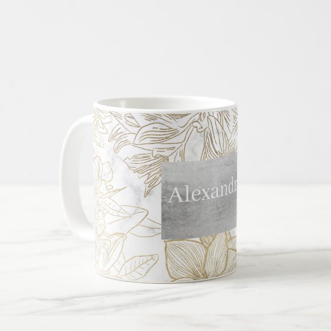 Caneca De Café Flor de ouro de cinza branca e elegante (Frente Esquerda)
