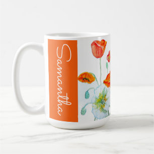Caneca De Café Flor de Papoula Laranja Vermelha Aquarela Mulheres