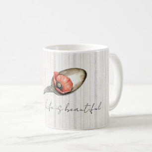 Caneca De Café Flor de Papoula Vermelha em Colher Listras Brancas
