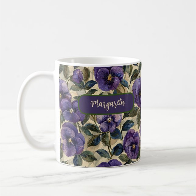 Caneca De Café Flor de Pensamento Roxo Floral  (Esquerda)