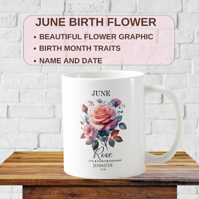 Caneca De Café Flor de Rosa de Aniversário de Junho Personalizáve (Criador carregado)