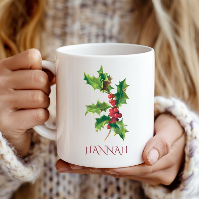 Caneca De Café Flor do Mês de Dezembro Vermelha e Verde Azevinho (Criador carregado)