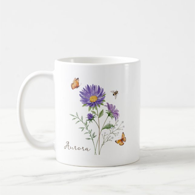 Caneca De Café Flor do Mês de Nascimento Aster (Esquerda)