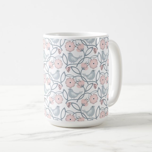 Caneca De Café Flor e Aves Padrão Sem Costura (Frente Esquerda)