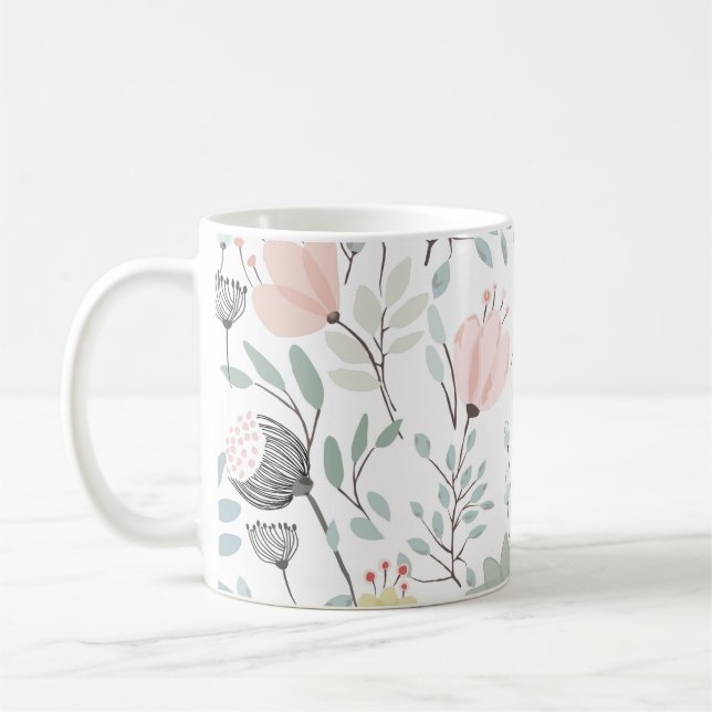 Caneca De Café Flor e folha em verde tropical e rosa (Esquerda)