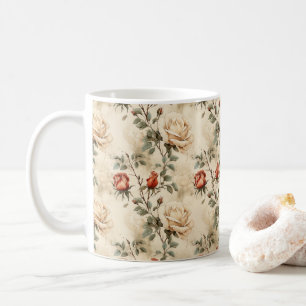 Caneca De Café Flor Elegante Vintage Rosa Bege Sem Costura