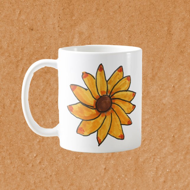Caneca De Café Flor Girassol Amarelo Desenhado (A mug with a hand drawn yellow sunflower.)
