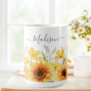 Caneca De Café Flor Girassol Amarelo Monograma Floral Botânico