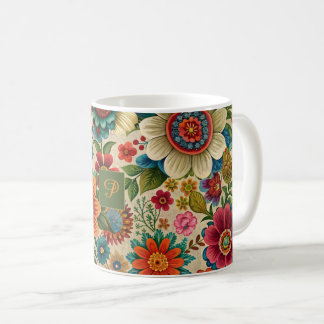 Caneca De Café Flor marrom laranja roxo padrão cottagecore