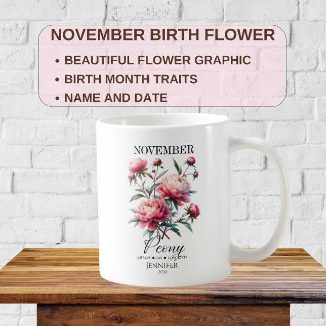 Caneca De Café Flor Peônia de Aniversário de Novembro Personalizá (Criador carregado)