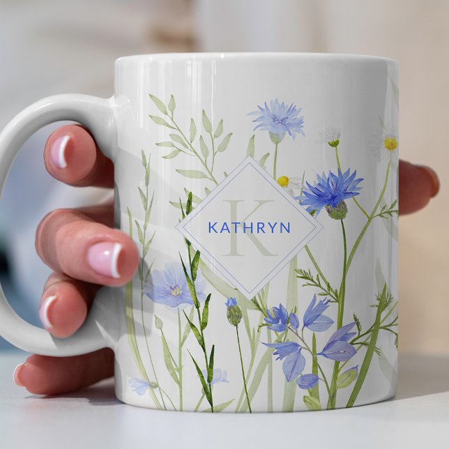 Caneca De Café Flor Personalizada Azul Monograma (Criador carregado)