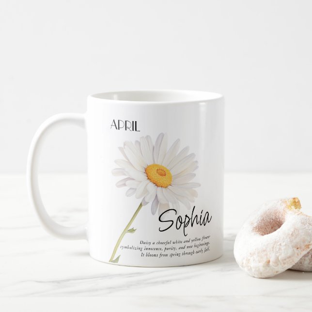 Caneca De Café Flor Personalizada do Mês de Nascimento Abril (Com Donut)