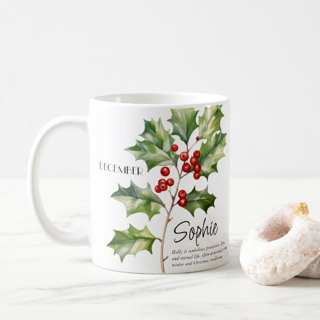 Caneca De Café Flor Personalizada do Mês de Nascimento Dezembro (Com Donut)