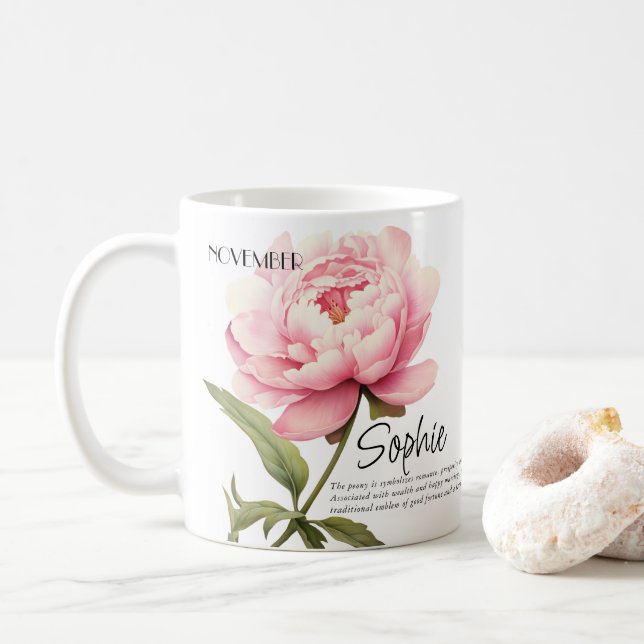 Caneca De Café Flor Personalizada do Mês de Nascimento Novembro (Com Donut)