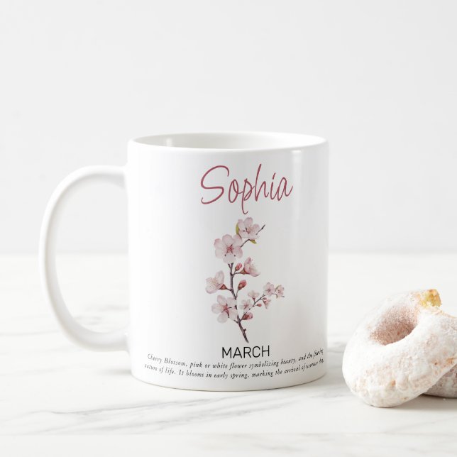 Caneca De Café Flor Pessoalizada de Nascimento de Março  (Com Donut)