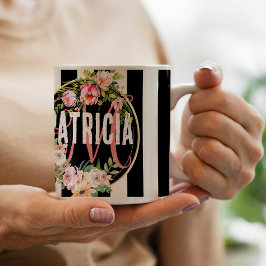 Caneca De Café Flor rosa preto e branco Stripes monograma