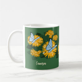 Caneca De Café Flor Silvestre Dandelion & Borboletas Amarelo Verd