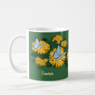 Caneca De Café Flor Silvestre Dandelion & Borboletas Amarelo Verd