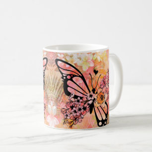 Caneca De Café Flor tropical e Arte borboleta - Floral vibrante
