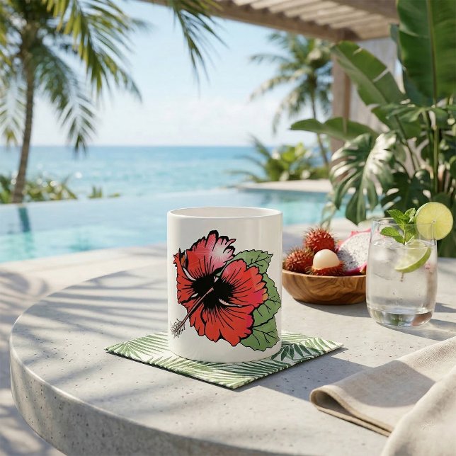 Caneca De Café Flor Tropical Red Hibiscus com Folhas Verdes (Criador carregado)