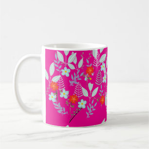 Caneca De Café Flor Vermelha + Folhas Rosa Quente